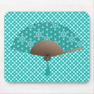 Japanese Fan in Asanoha pattern, Turquoise Mouse Mat