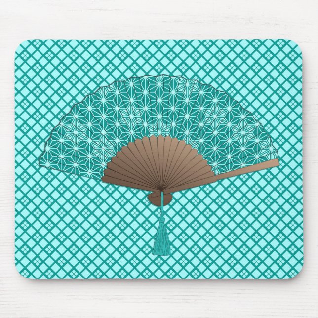 Japanese Fan in Asanoha pattern, Turquoise Mouse Mat (Front)