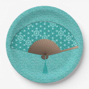 Japanese Fan in Asanoha pattern, Turquoise Paper Plate
