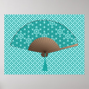 Japanese Fan in Asanoha pattern, Turquoise Poster