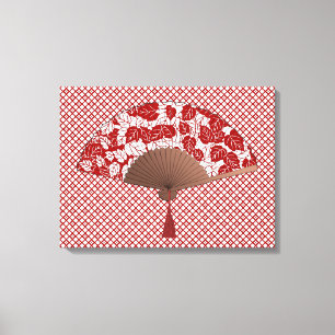 Japanese Fan in Leaf Print, Dark Red and White Canvas Print