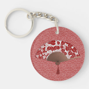 Japanese Fan in Leaf Print, Dark Red and White Key Ring