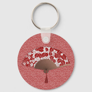 Japanese Fan in Leaf Print, Dark Red and White Key Ring