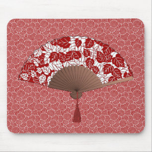 Japanese Fan in Leaf Print, Dark Red and White Mouse Mat