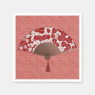 Japanese Fan in Leaf Print, Dark Red and White Napkin