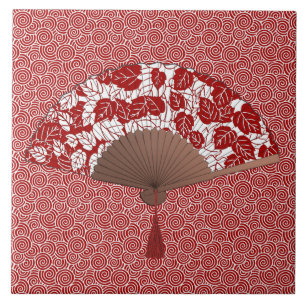 Japanese Fan in Leaf Print, Dark Red and White Tile