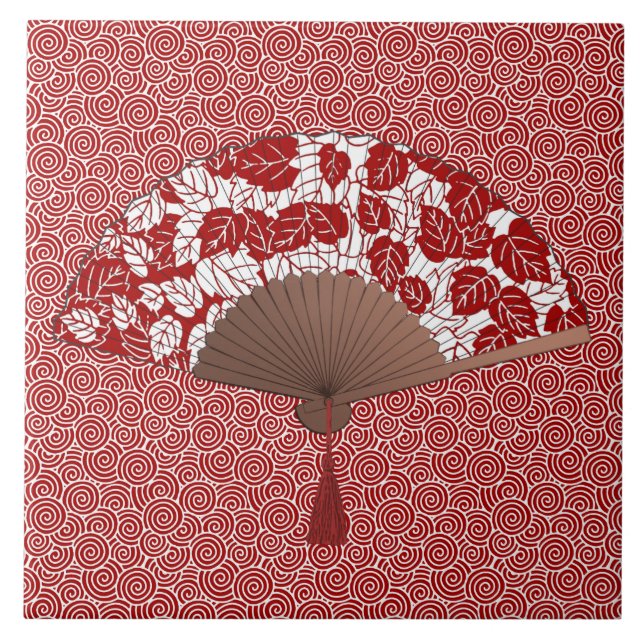 Japanese Fan in Leaf Print, Dark Red and White Tile (Front)