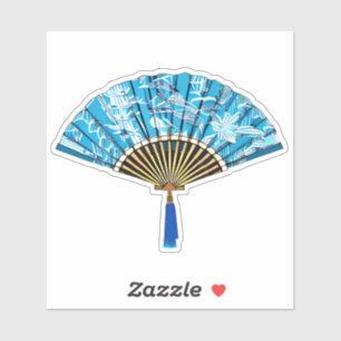 Japanese Fan in Turquoise Blue and White