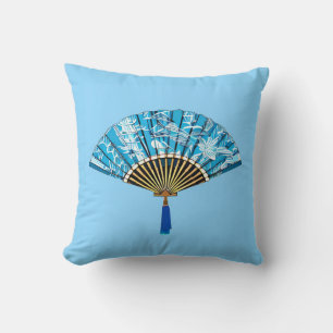 Japanese Fan in Turquoise Blue and White Cushion