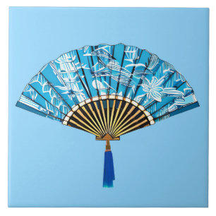 Japanese Fan in Turquoise Blue and White Tile