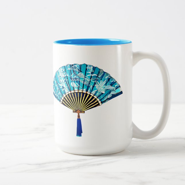Japanese Fan in Turquoise Blue and White Two-Tone Coffee Mug (Right)