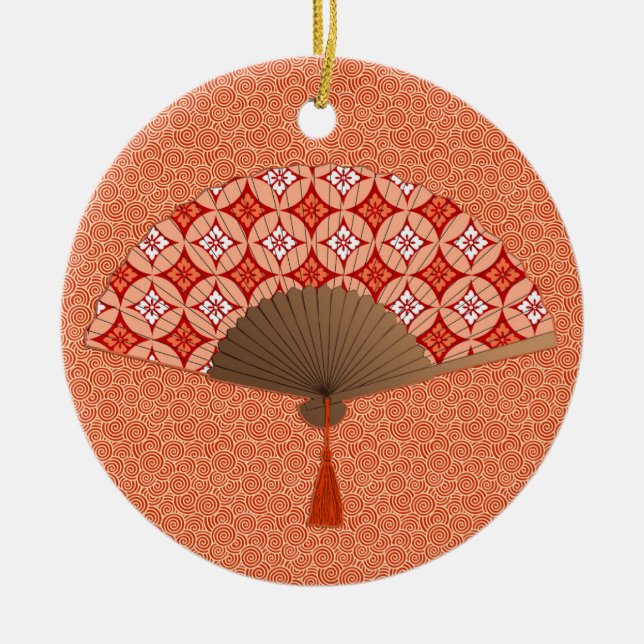 Japanese Fan, Shippo Motif, Mandarin Orange Ceramic Tree Decoration (Front)