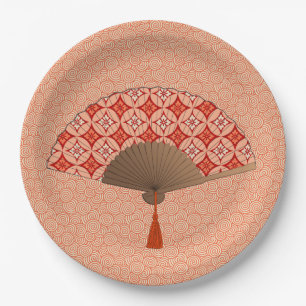 Japanese Fan, Shippo Motif, Mandarin Orange Paper Plate