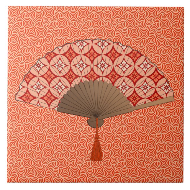 Japanese Fan, Shippo Motif, Mandarin Orange Tile (Front)