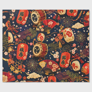 Japanese Festival Seamless Pattern with Lanterns, Wrapping Paper