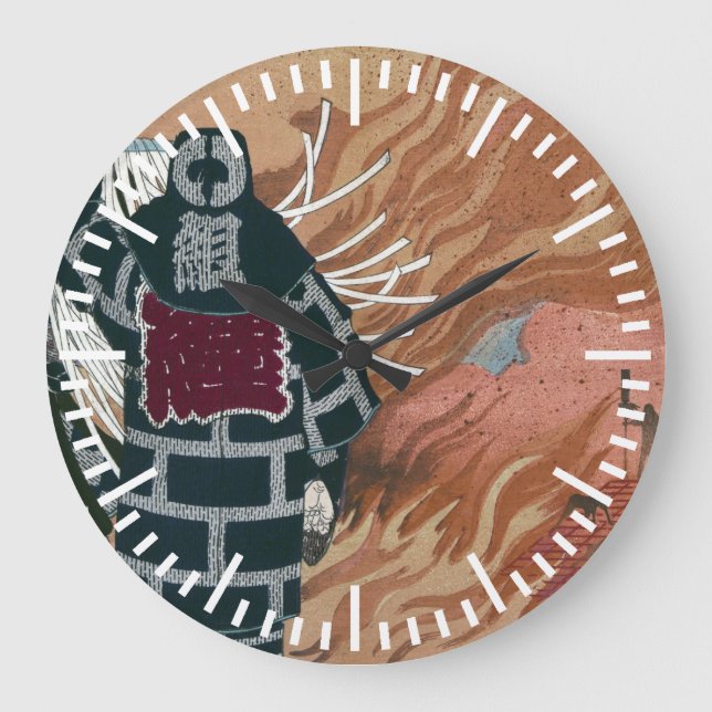 Japanese Firemen In a Sea of Flames by Yoshitoshi Large Clock (Front)