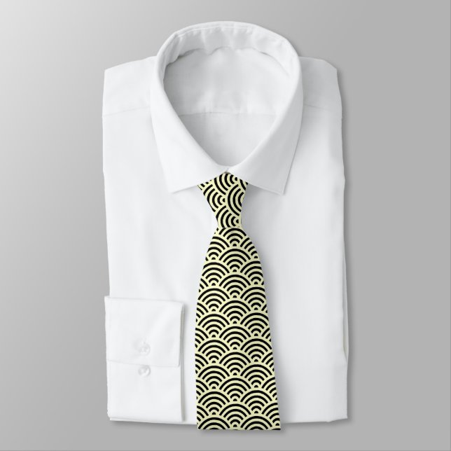 Japanese Fish Scale Pattern - Cream on Black Tie (Tied)