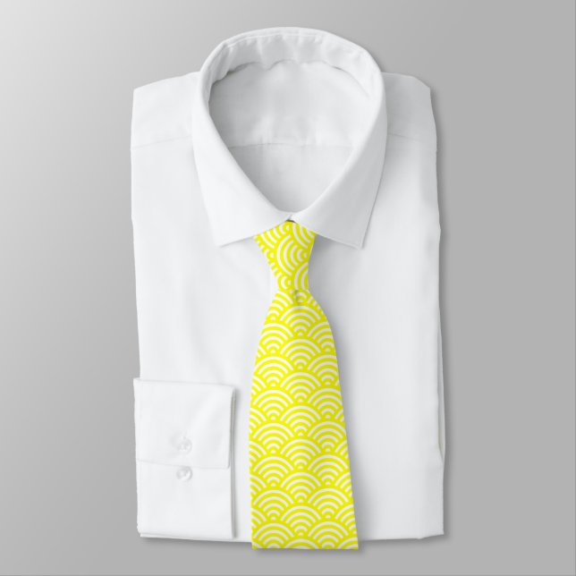 Japanese Fish Scale Pattern - Yellow on White Tie (Tied)