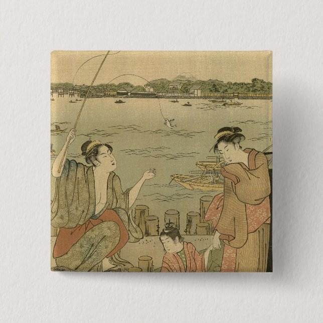 Japanese Fishing Woodblock Fishermen 15 Cm Square Badge (Front)