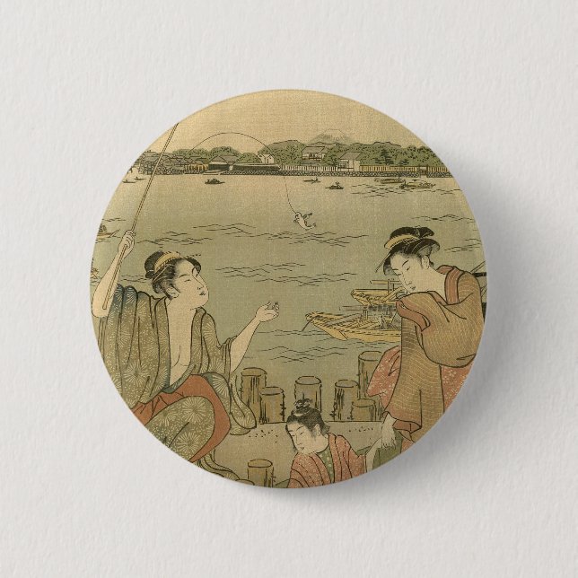 Japanese Fishing Woodblock Fishermen 6 Cm Round Badge (Front)