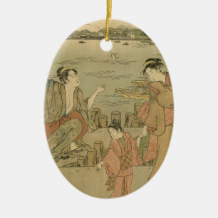 Japanese Fishing Woodblock Fishermen Ceramic Tree Decoration
