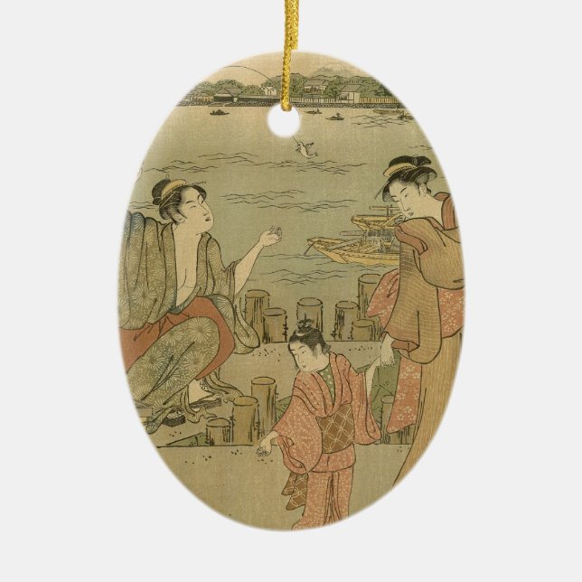 Japanese Fishing Woodblock Fishermen Ceramic Tree Decoration (Front)