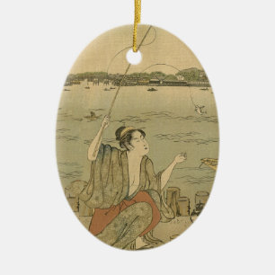Japanese Fishing Woodblock Fishermen Ceramic Tree Decoration