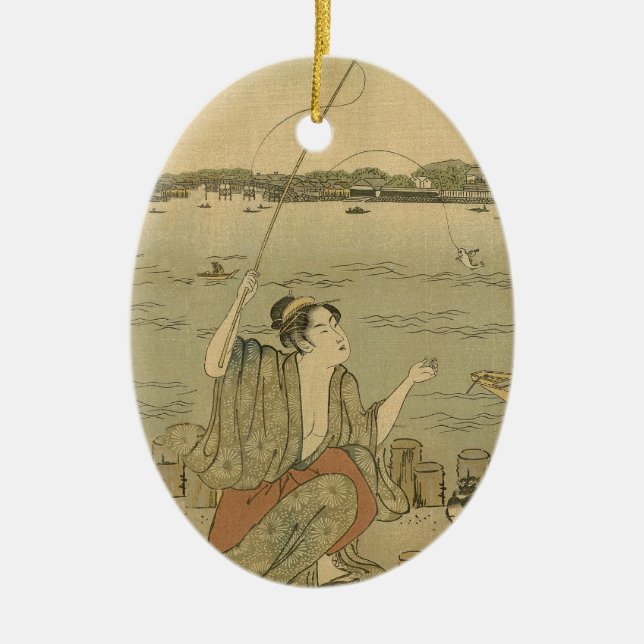 Japanese Fishing Woodblock Fishermen Ceramic Tree Decoration (Front)