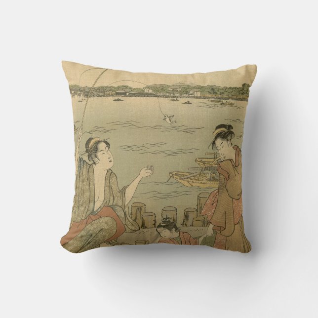 Japanese Fishing Woodblock Fishermen Cushion (Front)