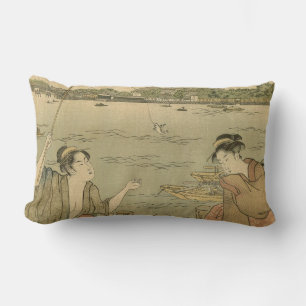Japanese Fishing Woodblock Fishermen Lumbar Cushion