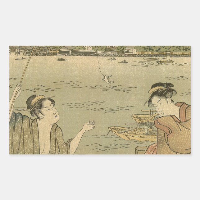 Japanese Fishing Woodblock Fishermen Rectangular Sticker (Front)