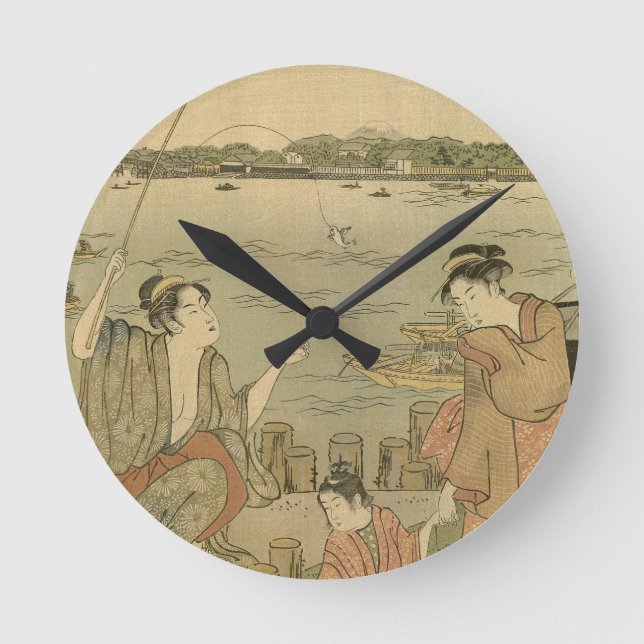 Japanese Fishing Woodblock Fishermen Round Clock (Front)