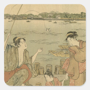 Japanese Fishing Woodblock Fishermen Square Sticker
