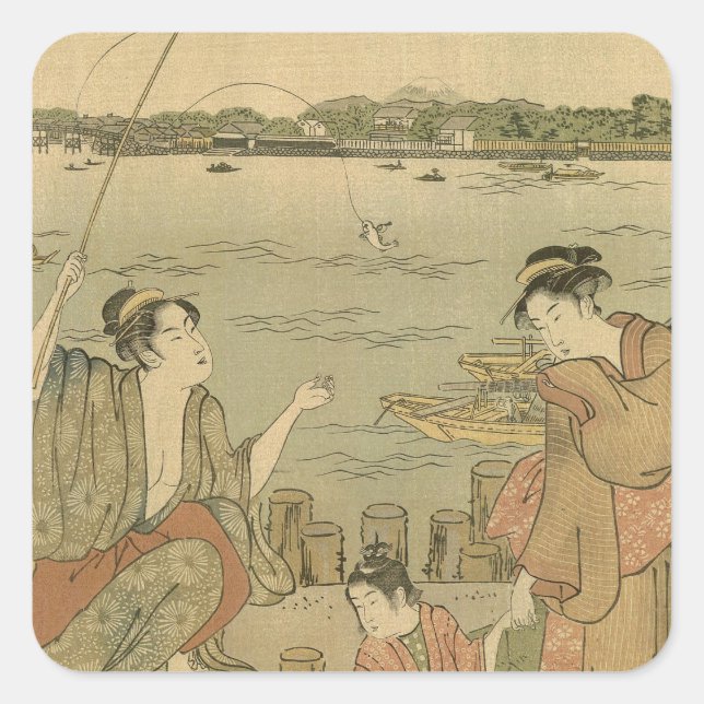 Japanese Fishing Woodblock Fishermen Square Sticker (Front)