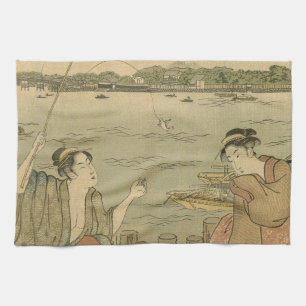Japanese Fishing Woodblock Fishermen Tea Towel