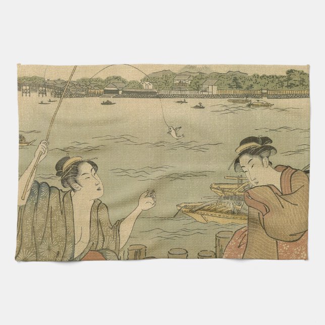 Japanese Fishing Woodblock Fishermen Tea Towel (Horizontal)