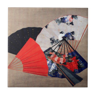 Japanese Five Fans, Hokusai, Ukiyoe Tile