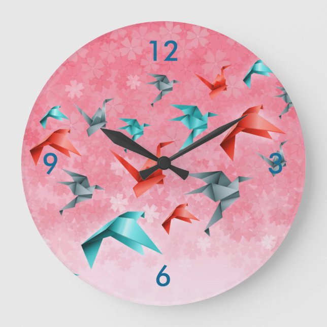 Japanese Floral and Origami Crane Wall Clock (Front)