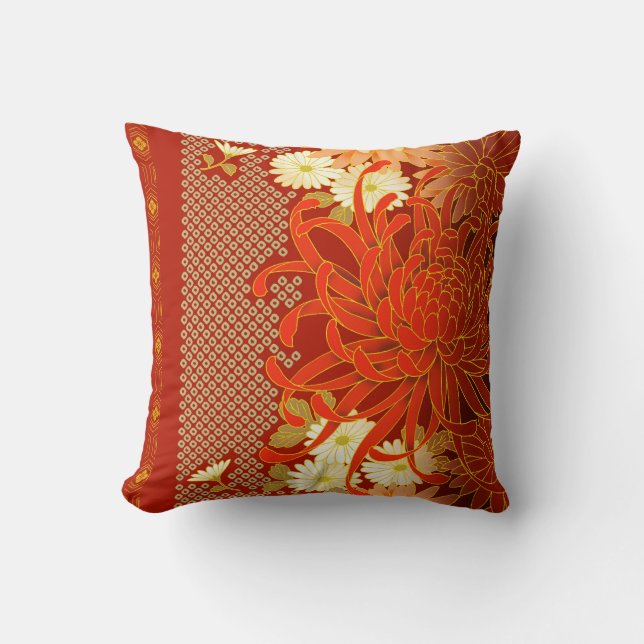 Japanese Floral Art Mums Red White Green Cushion (Front)