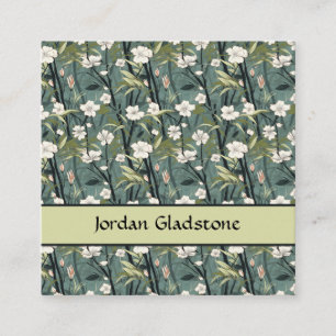 Japanese Floral Bamboo Sage Green Black Template  Square Business Card