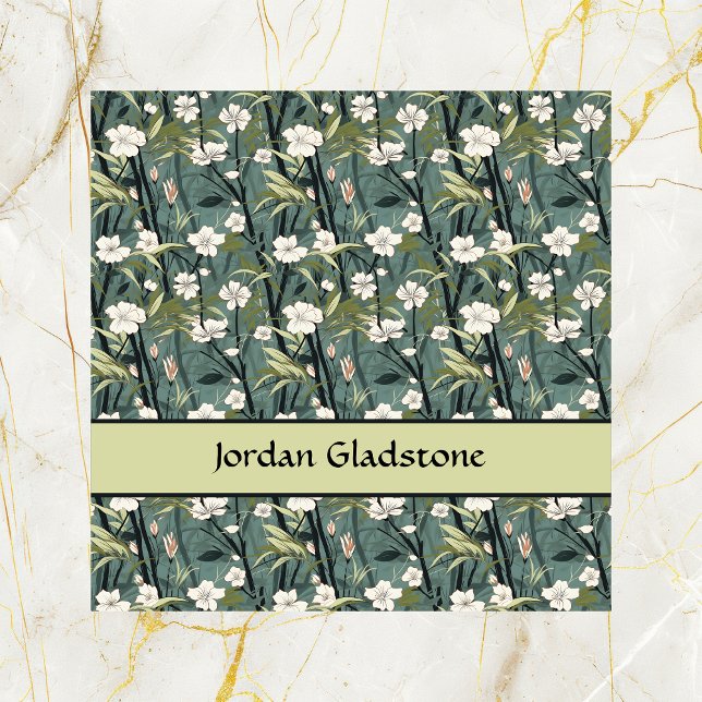 Japanese Floral Bamboo Sage Green Black Template  Square Business Card (Creator Uploaded)
