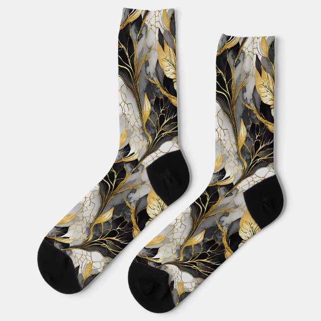 Japanese Floral Black Gold Socks (Left)