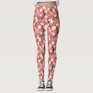 Japanese Floral Blossoms in White on Pink Burgundy Leggings