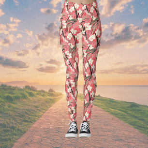 Japanese Floral Blossoms in White on Pink Burgundy Leggings