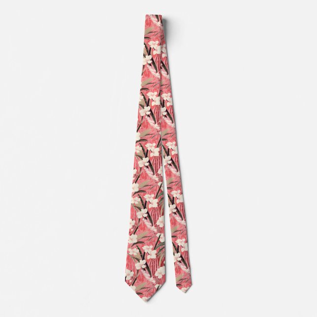 Japanese Floral Blossoms in White on Pink Burgundy Tie (Front)