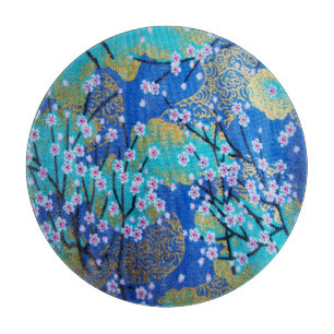Japanese Floral Cherry Blossom Gold Blue Glass Cutting Board