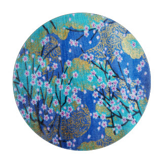Japanese Floral Cherry Blossom Gold Blue Glass Cutting Board