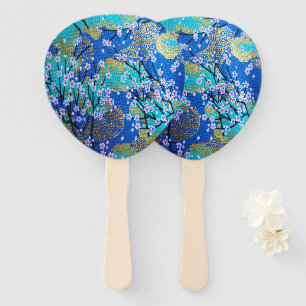 Japanese Floral Cherry Blossom Gold Blue Hand Fan