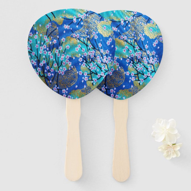 Japanese Floral Cherry Blossom Gold Blue  Hand Fan (Front and Back)
