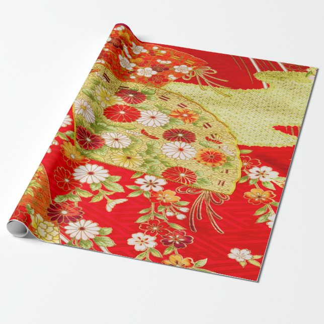 Japanese Floral Cherry Blossom Red Gold Decoupage  Wrapping Paper (Unrolled)